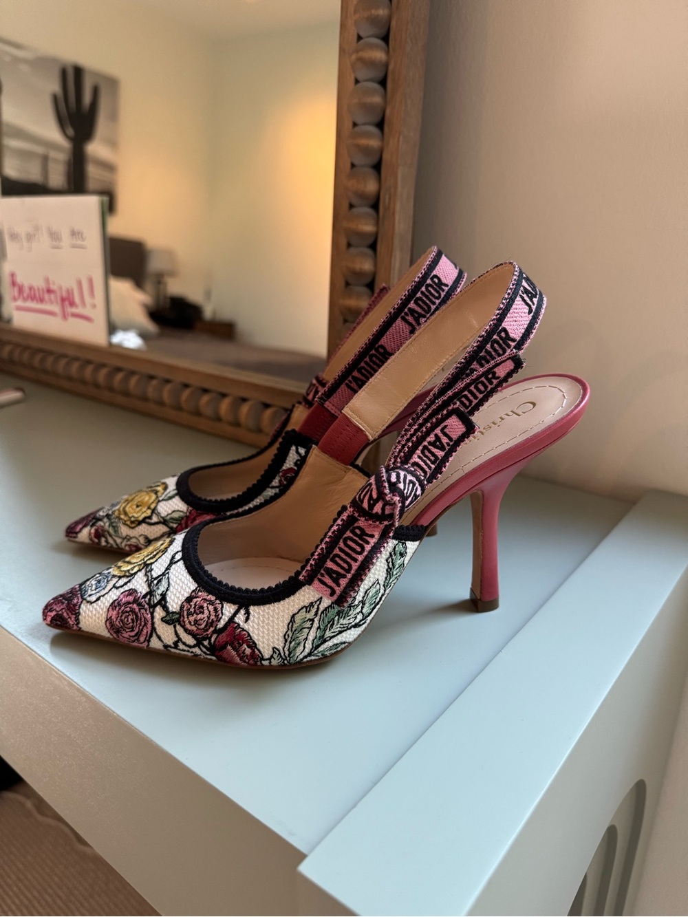 Dior Floral Embroidered Pink Slingback Heels